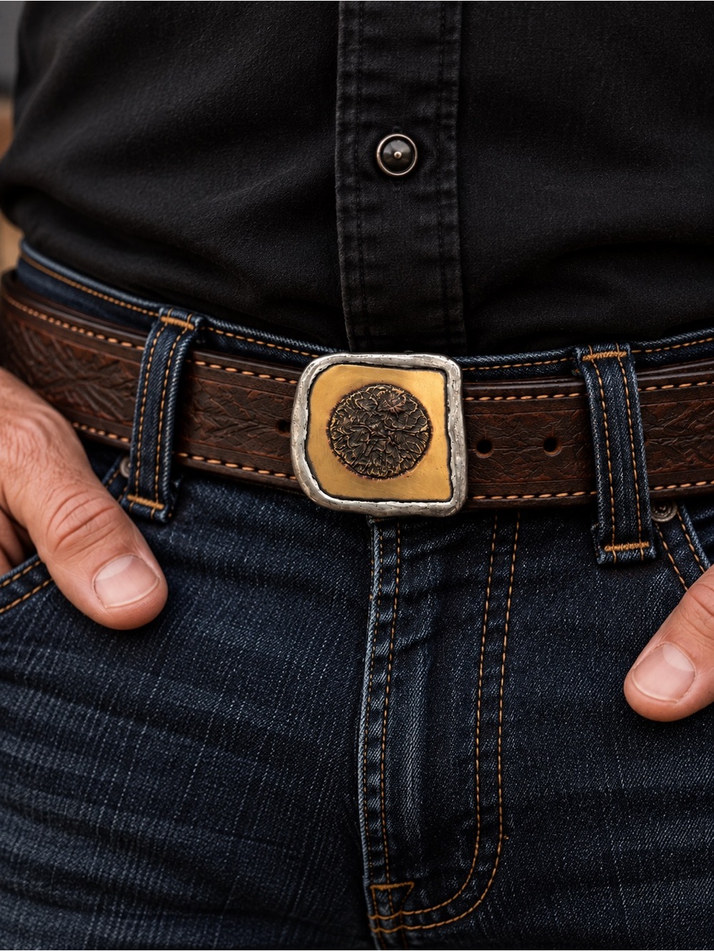 Vintage Artisan Mixed Metal Belt Buckle Brass & Silver Tone Western Boho Style